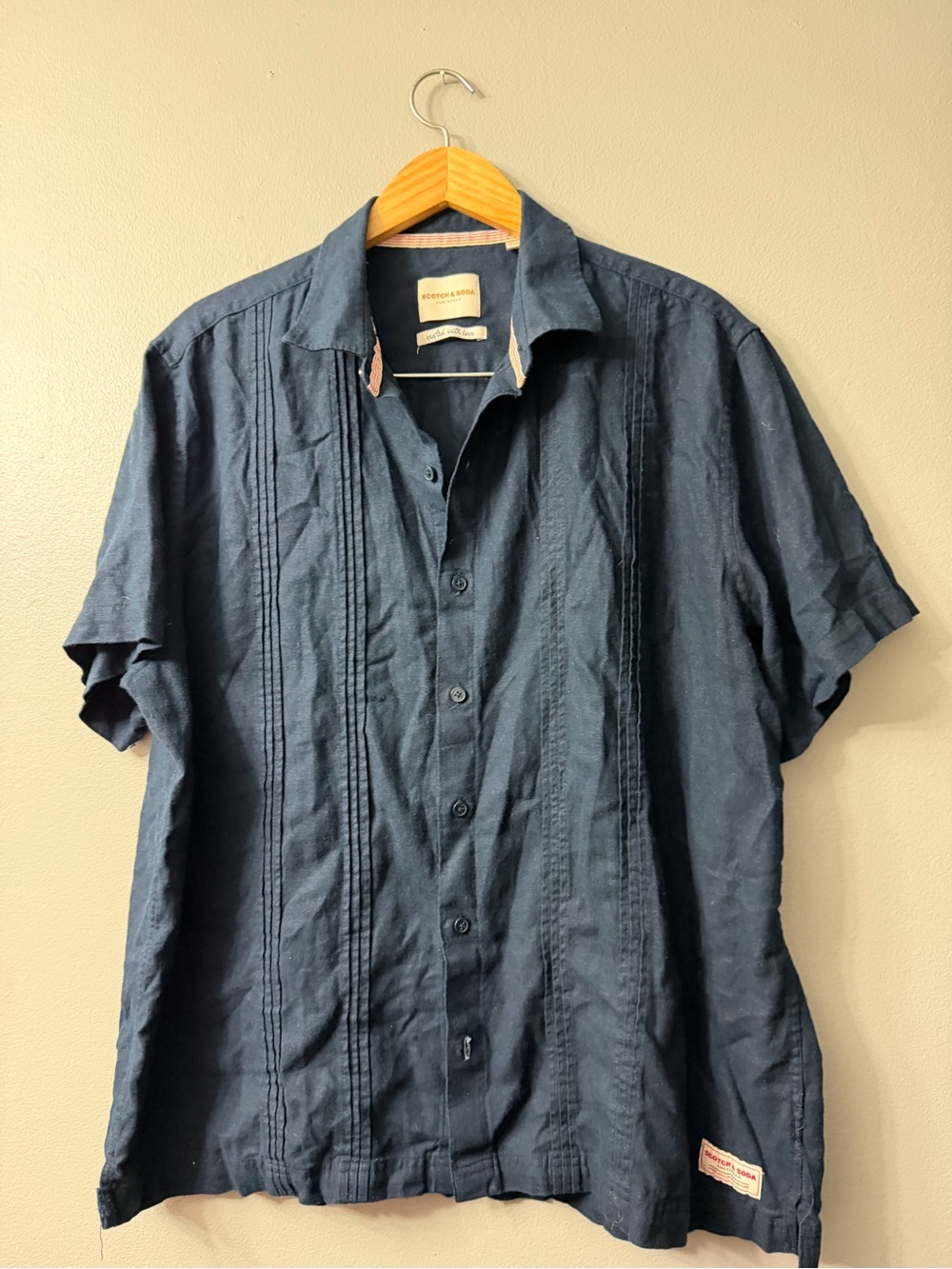 Scotch & Soda Men's Navy Short-Sleeve linen Button-Up Shirt XL